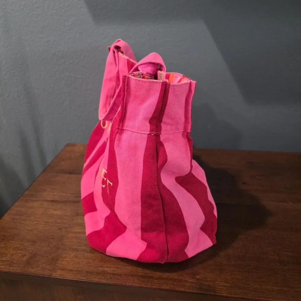 Victoria's Secret 2009 Hot Pink Striped Logo Canvas Tote Bag Reversable 18x13